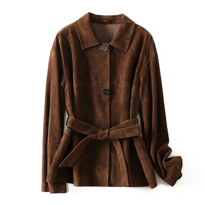 Women's caramel mocha cashmere coat with leather stitching and peter pan collar in art retro style