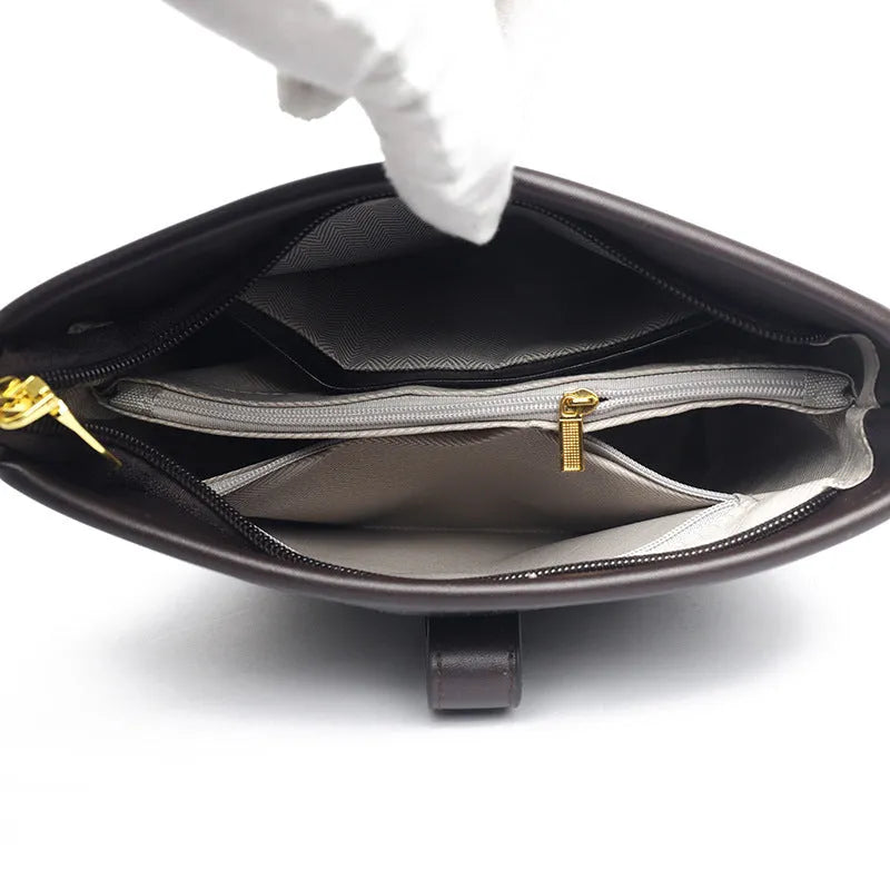 Korean fashion bucket bag in black PU leather with double shoulder straps and organised interior compartments