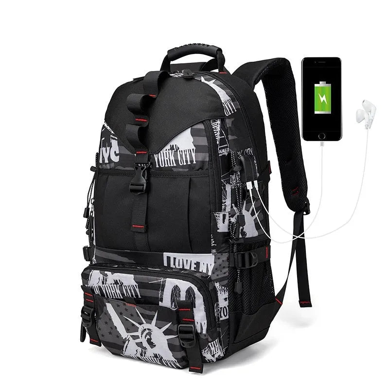 Men's large waterproof hiking backpack in Oxford cloth with air cushion back system, shown in a camouflage colour variant.