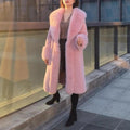 Women's grey faux rabbit fur coat with leather trim and a detachable fur collar on a hanger.