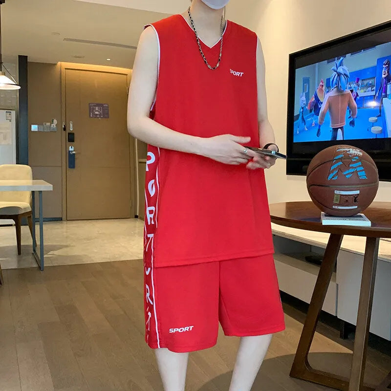 Men's black polyester basketball sports suit consisting of a sleeveless vest top and matching shorts.