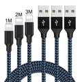 Braided Micro USB data cable in black and blue, 1 metre length, for fast charging Android phones