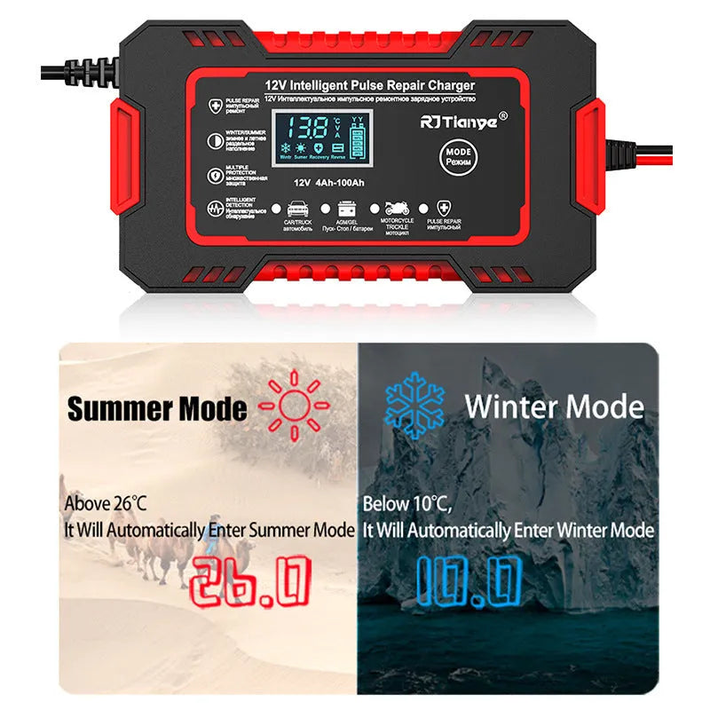 Red US standard car battery charger for lead acid batteries with reverse connection protection and LED display, 213x110x64mm