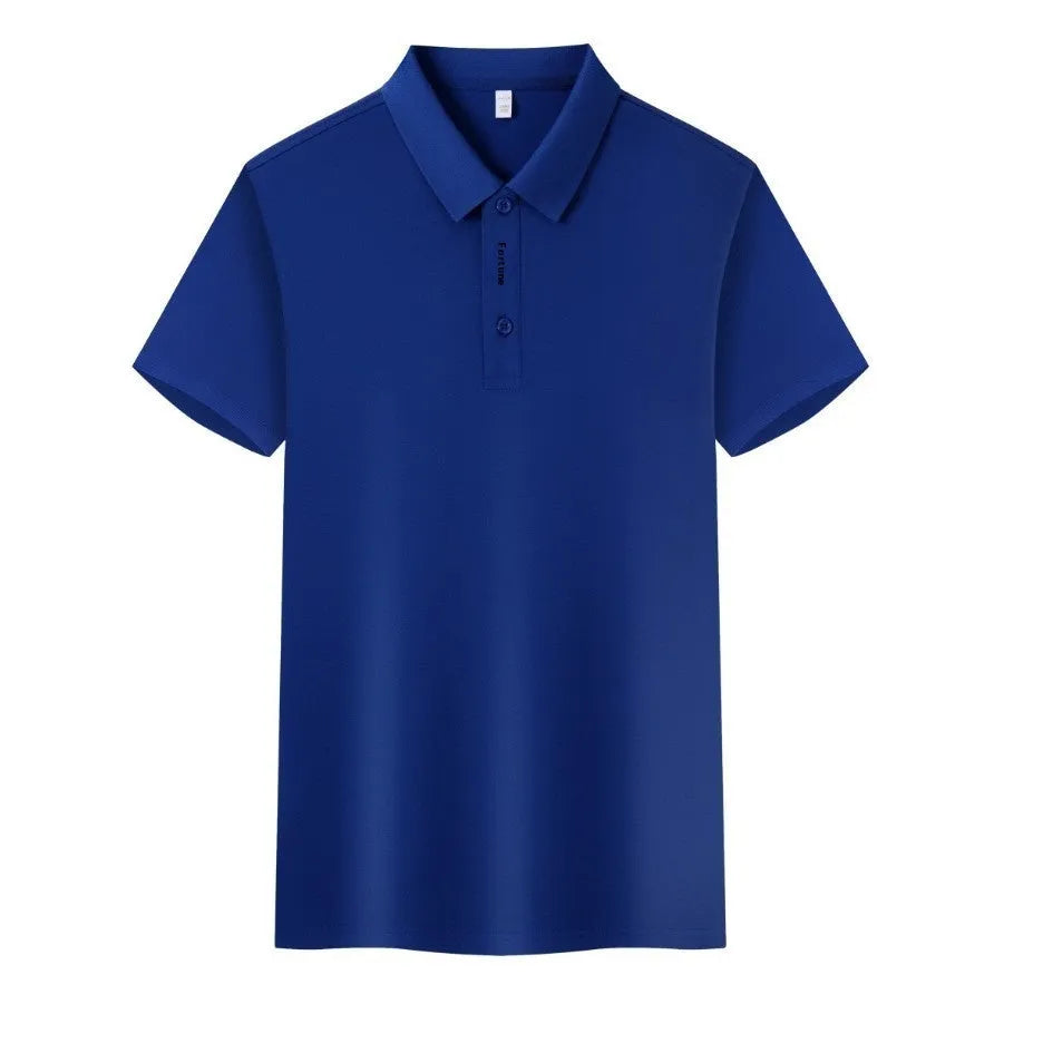 Men's white short sleeve polo t-shirt with a lapel collar, laid flat.