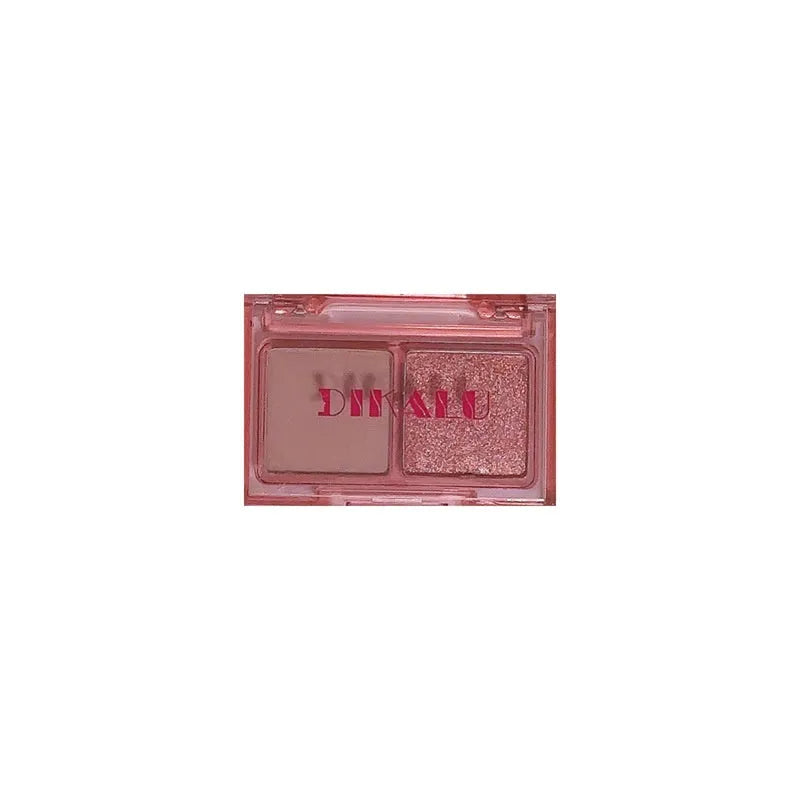 DIKALU two-tone eyeshadow compact showing pink and black shades with matte and shimmer finishes.