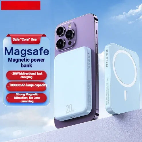 Portable magnetic wireless power bank in blue, purple, or white with 10000mAh capacity