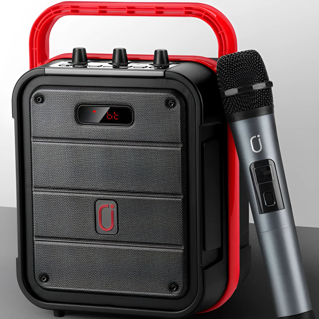 MS62AI portable Bluetooth speaker with wireless microphone showing plastic casing and control buttons