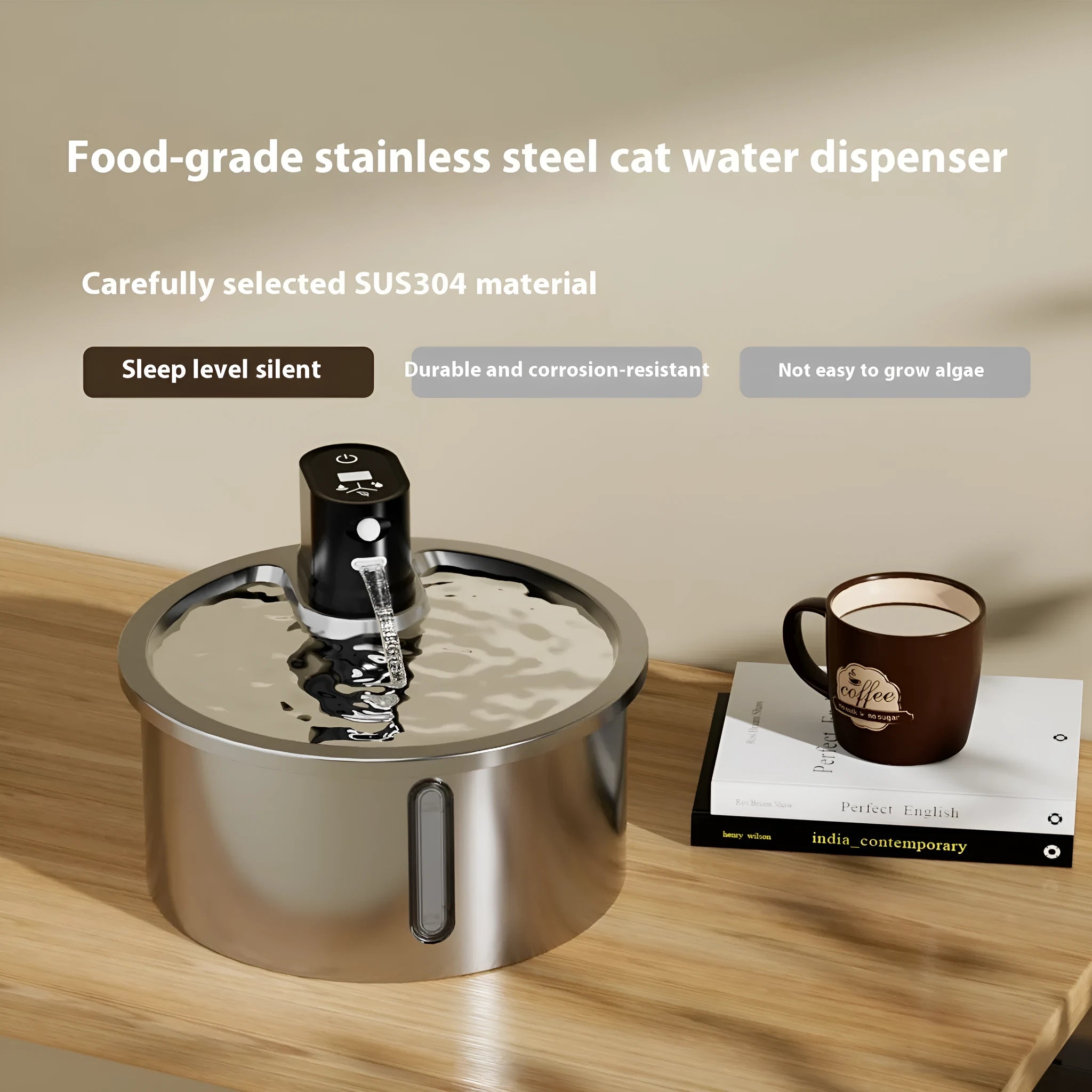 Stainless steel cat water fountain with white constant temperature base