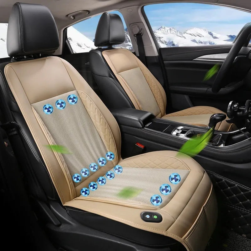 Car ventilation cushion with fan in black fabric, 12V model with 8 fan vents on car seat