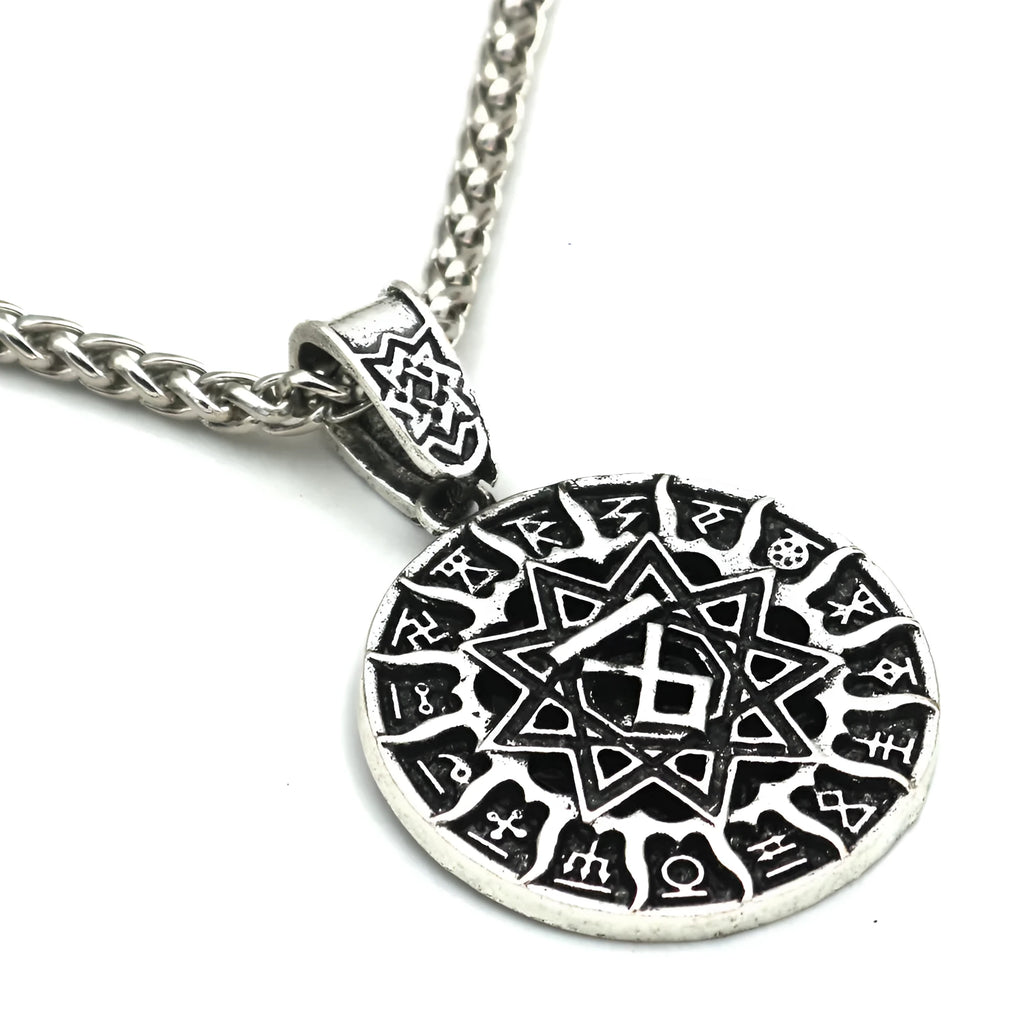 Lunavin ODing logo necklace pendant in antique silver or bronze finish with leather rope and snake bones chain options