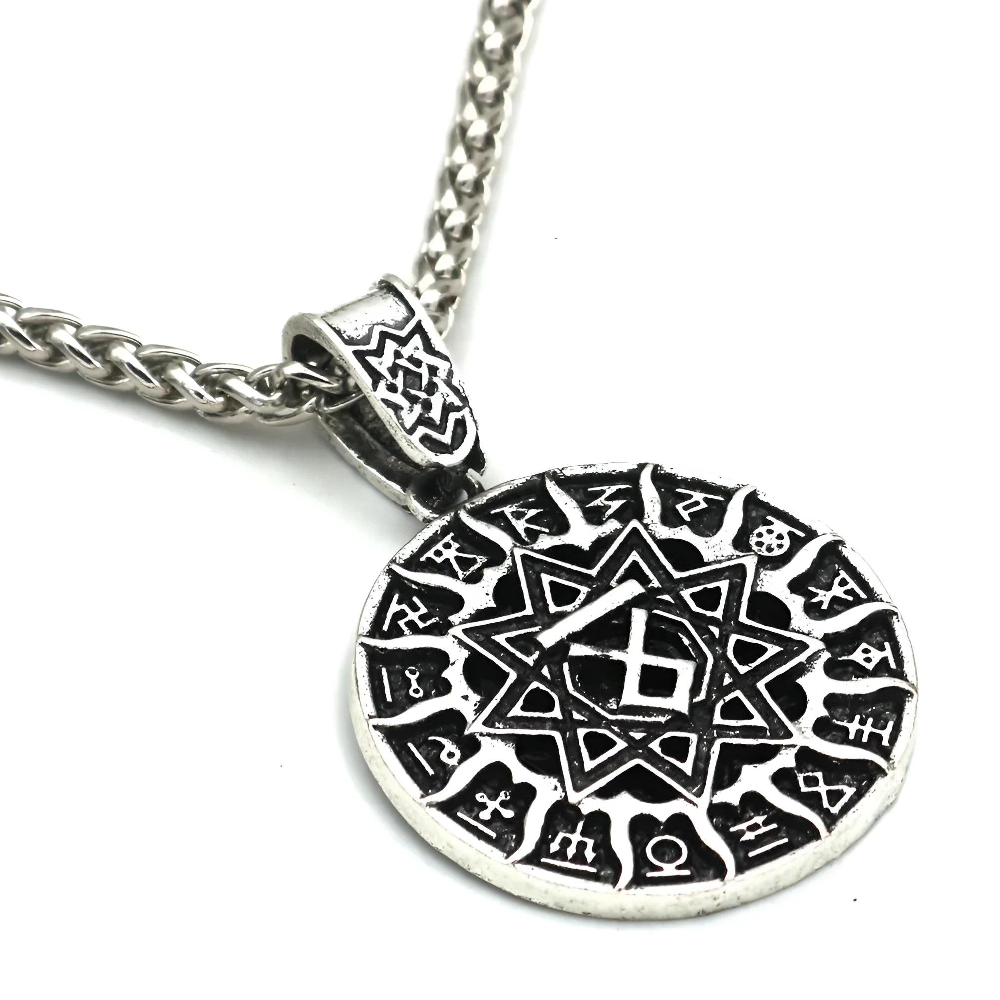 Lunavin ODing logo necklace pendant in antique silver or bronze finish with leather rope and snake bones chain options