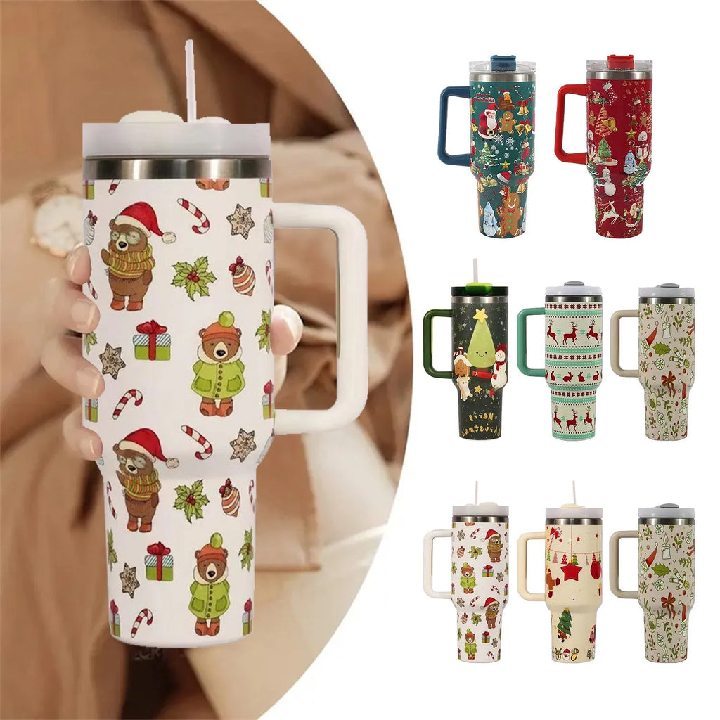 Christmas pattern stainless steel vacuum tumbler with handle, lid and straw - 1200ml capacity travel cup