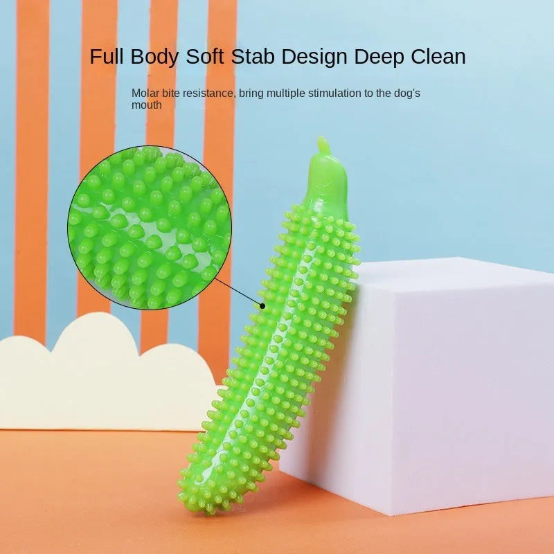 Cucumber-shaped dog teething toy in green, pink and purple colours for bite-resistant chewing and training