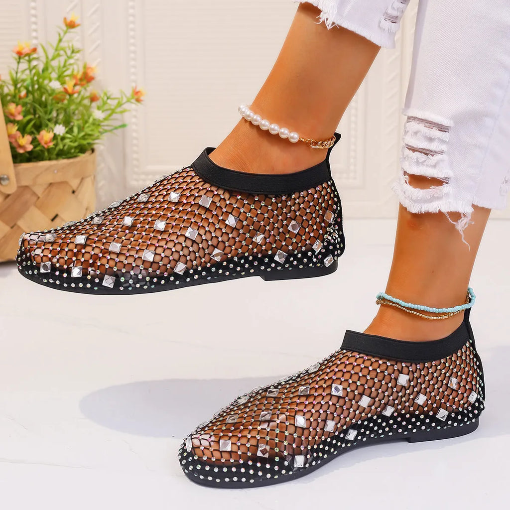 Women's colourful rhinestone flat sandals with mesh upper and rubber sole