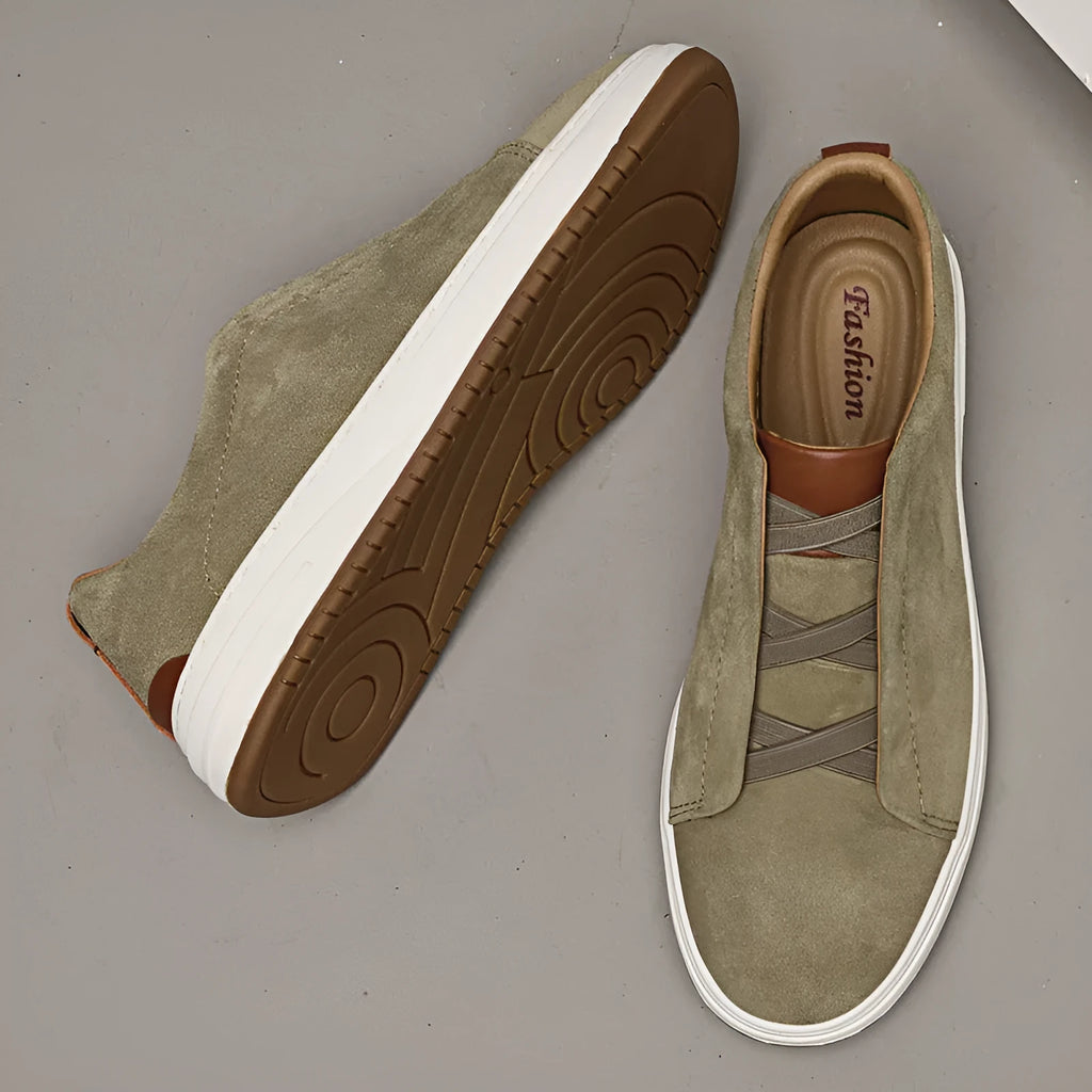 Men's suede casual shoes in khaki with genuine cowhide leather, elastic band, and round head design