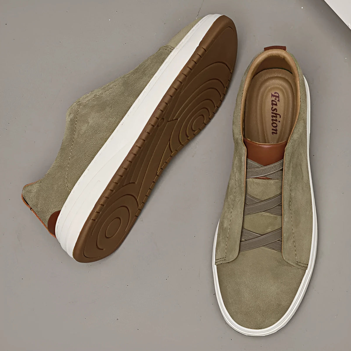 Men's suede casual shoes in khaki with genuine cowhide leather, elastic band, and round head design