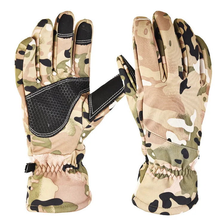 A pair of tactical camouflage winter ski gloves with touch screen fingertips on a neutral background.