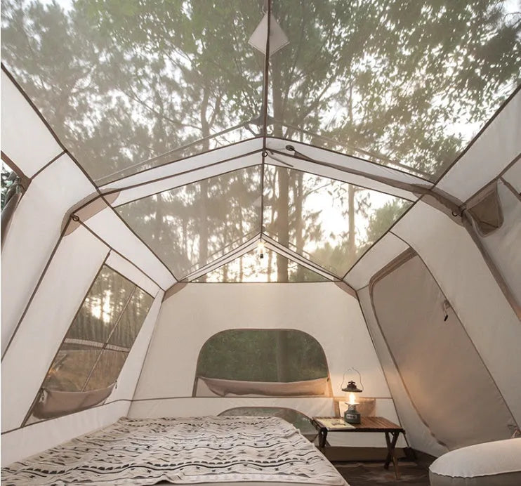 Dark coffee automatic ridge camping tent with two rooms one hall, fabric 10D polyester oxford cloth silver coated