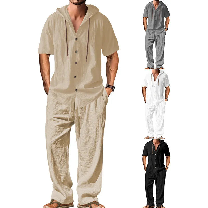 Men's grey cotton sports leisure suit with long sleeves and trousers on a hanger