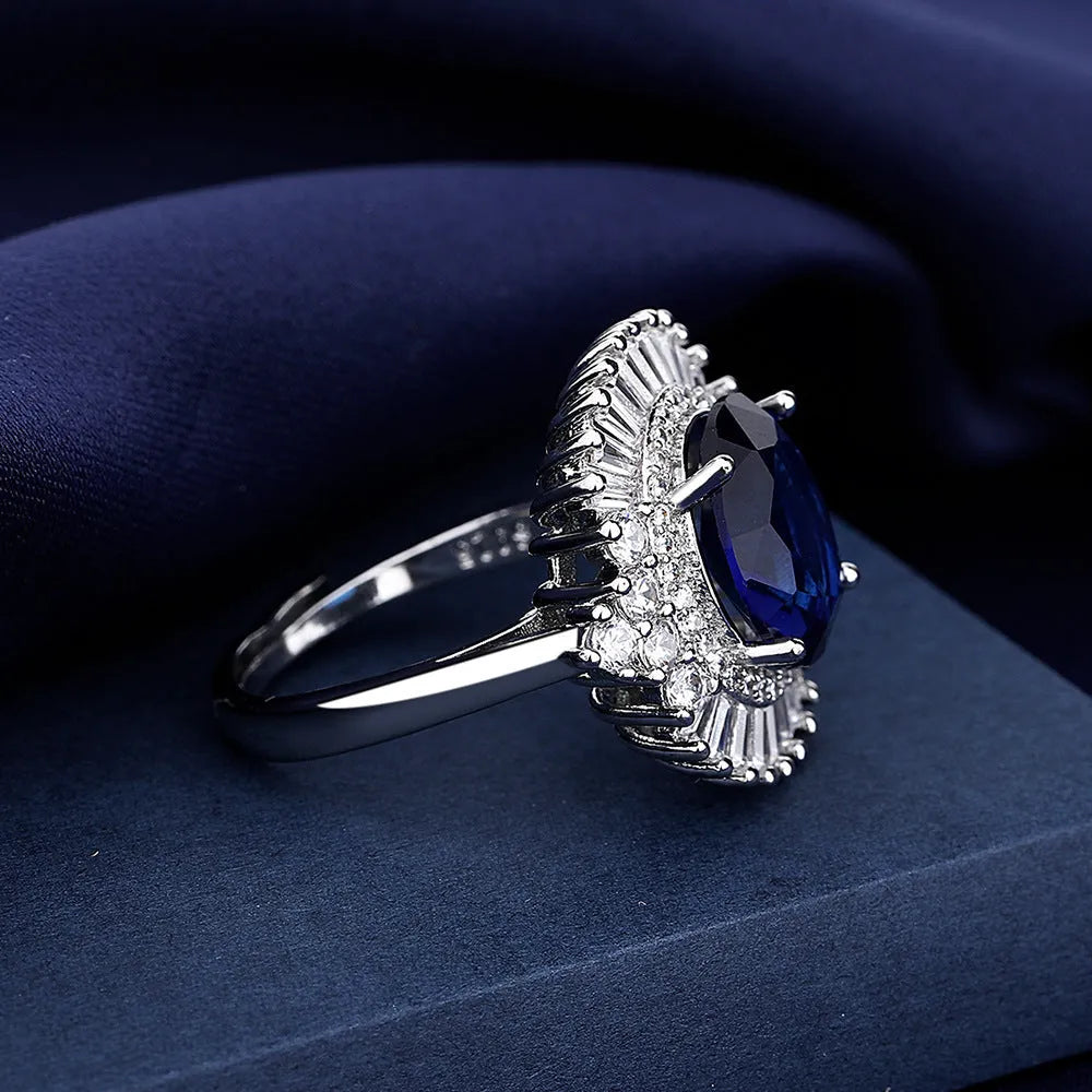 Sea blue heart square full diamond crown ring with white gold electroplated finish on copper base