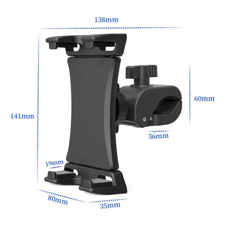 Black ABS plastic universal bicycle handlebar mount for mobile phones and tablets.