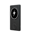 Black square aluminium magnetic wireless charging power bank showing USB port and charging surfaces.