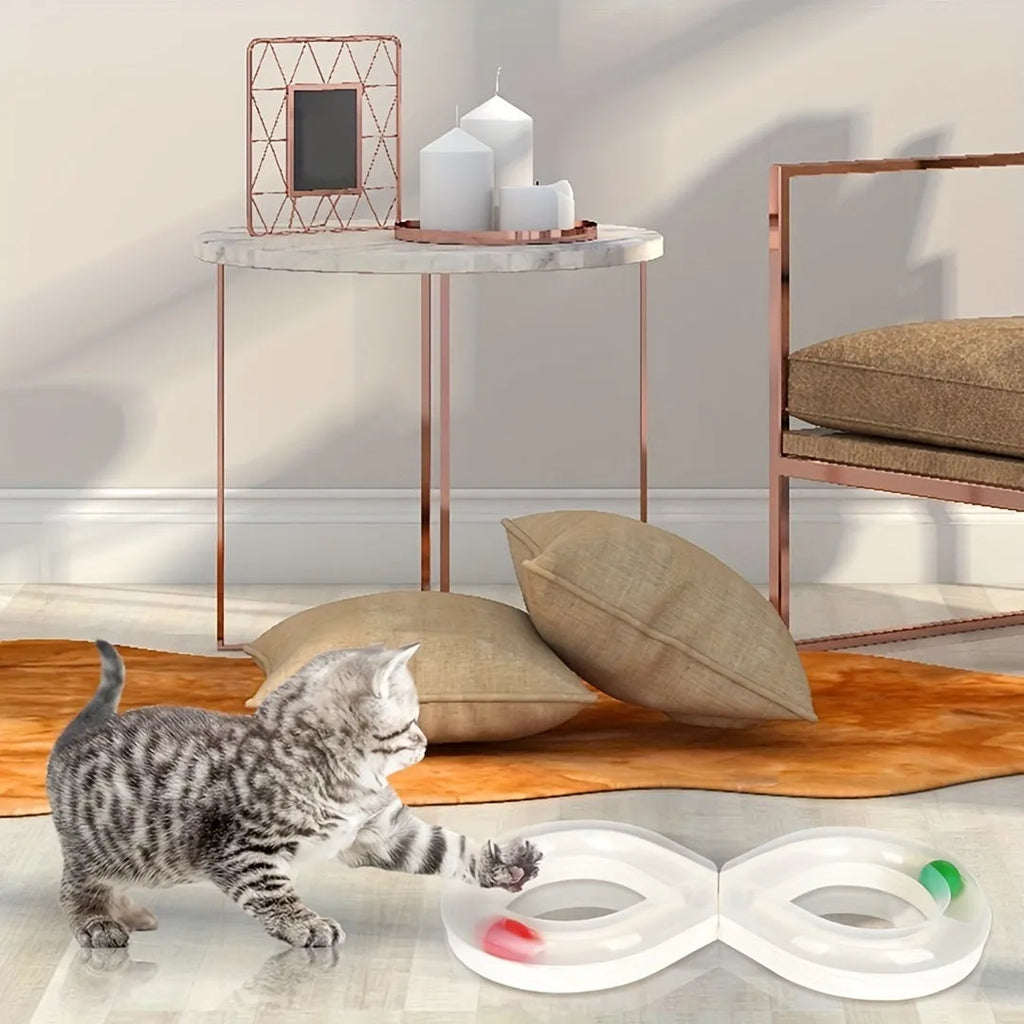 Blue and white cat turntable track ball toy with rotating stick for indoor feline play