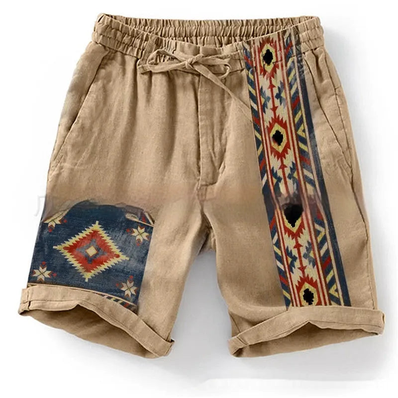 Men's blue digital print casual shorts with colour block pattern and lace-up waist closure