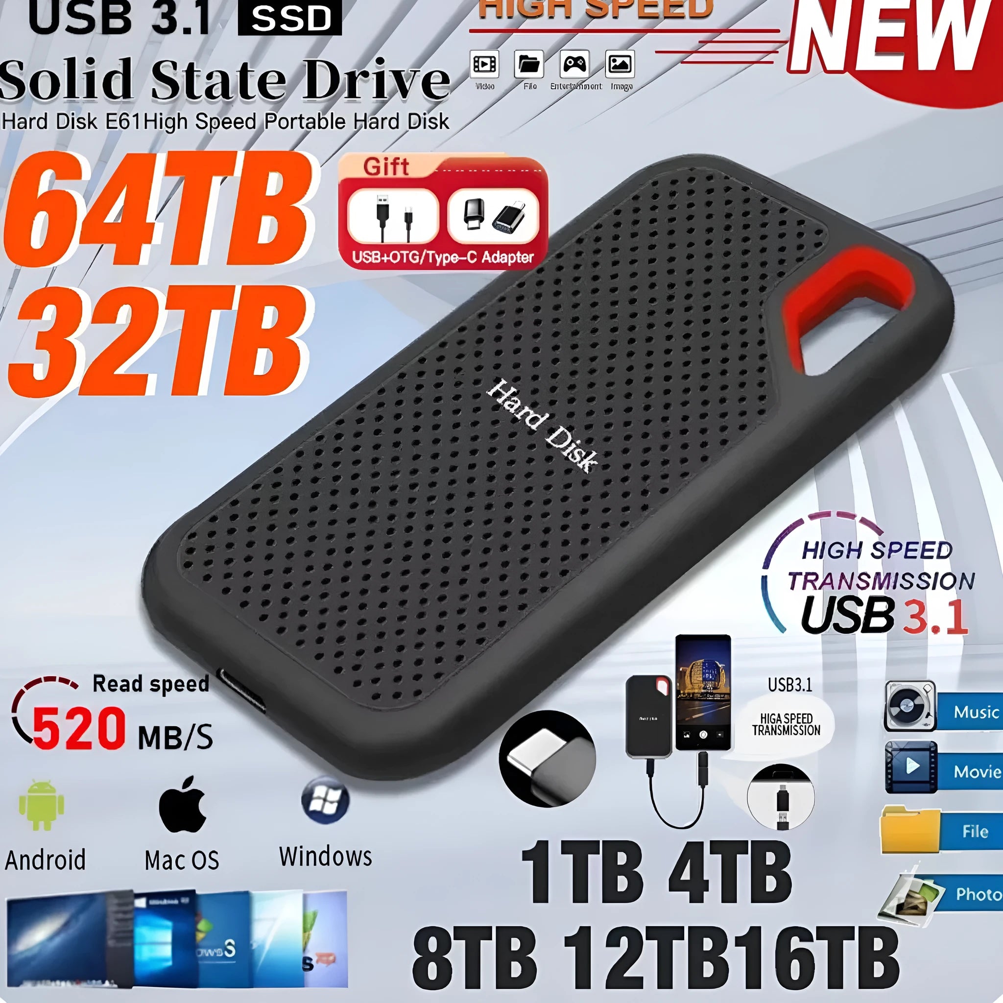 Black mobile SSD external hard drive with Type-C 3.1 interface
