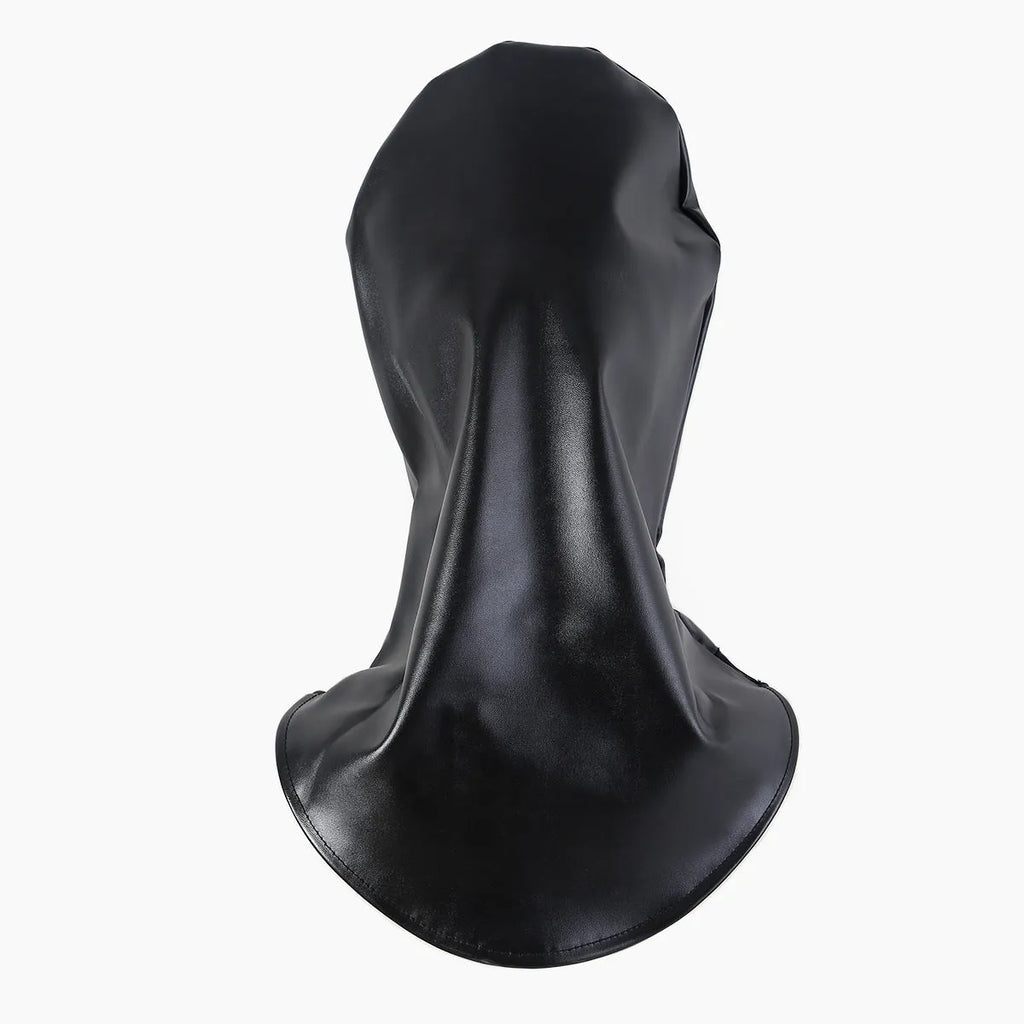 Black leather fetish headgear mask with adjustable straps for training props