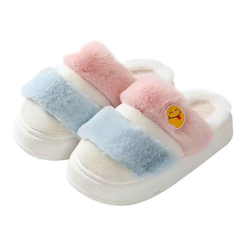 Thermal cotton slippers with plush upper and cashmere lining in a pink and blue colour combination