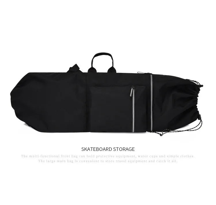 Lightweight waterproof nylon skate backpack in camouflage colour, shown with skateboard and fishing rod.