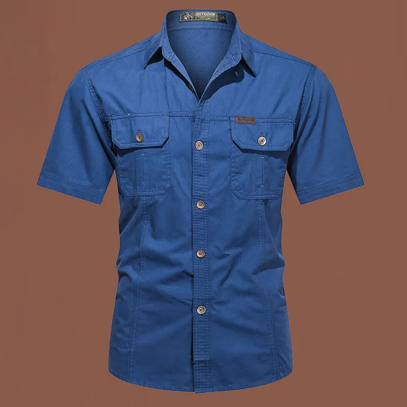 Men's loose-fitting short sleeve cotton work shirt in army green, shown in a cardigan style.