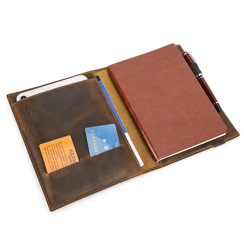 Brown Crazy Horse leather A5 notebook protective sleeve showing square shape and socket closure.