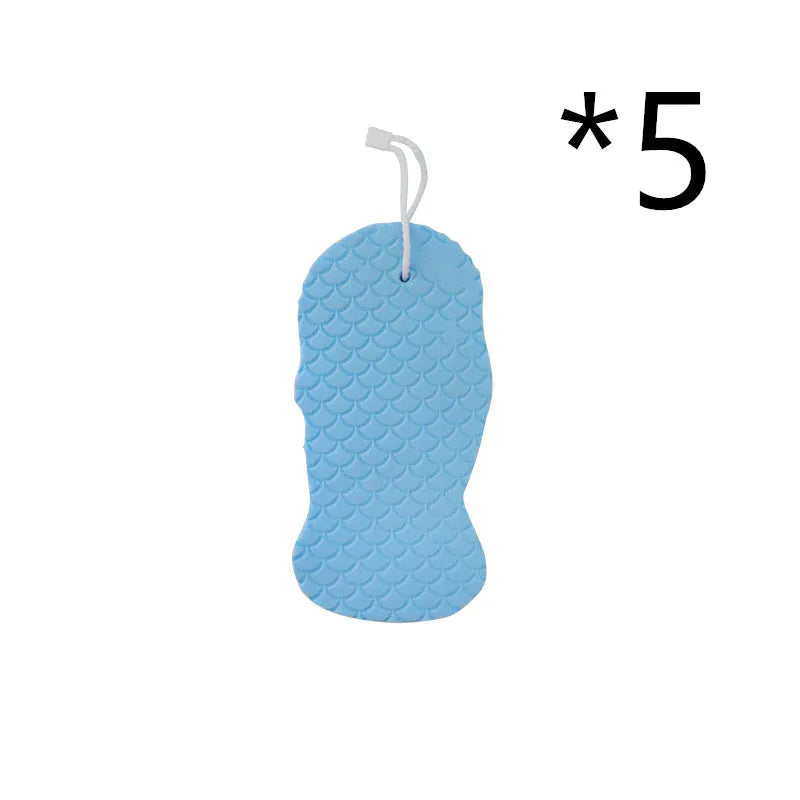 3D fish scale pattern bath sponge in white, grey, pink and light blue colours for body exfoliation