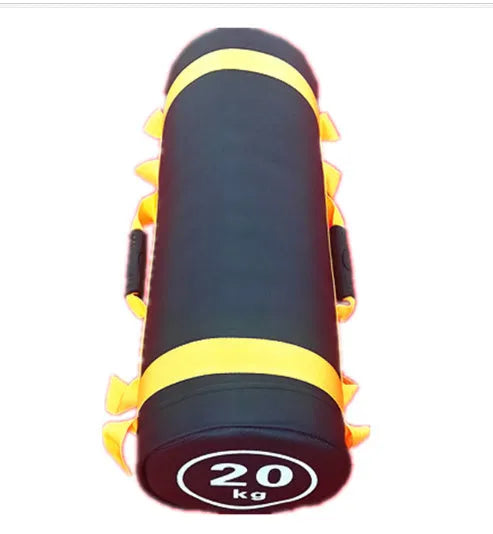 White PVC training sandbag for fitness and weight lifting, shown with weight options from 5KG to 30KG.