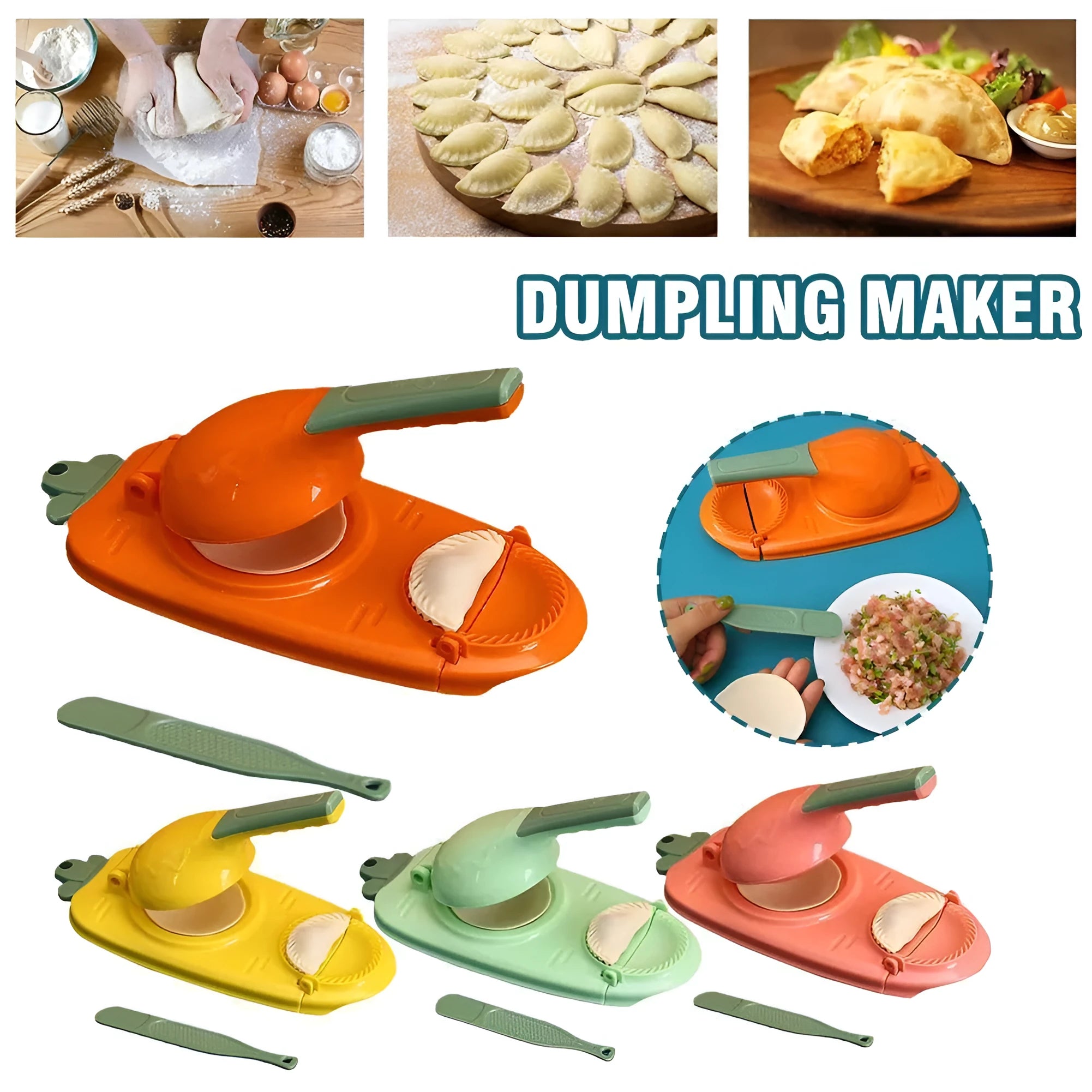 Orange and white plastic dumpling maker tool with ergonomic handle and 2-in-1 design