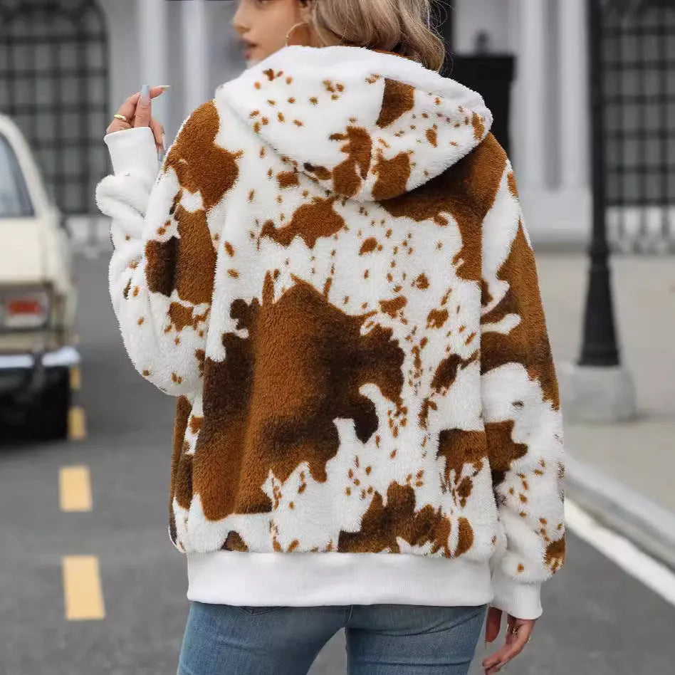 Yellow brown cow animal print hooded cardigan jacket with front zipper