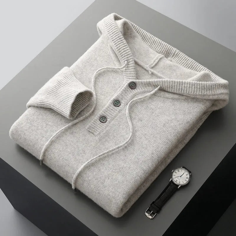 Men's American-style warm button hoodie sweater pullover in light camel, loose fit, standard wool yarn