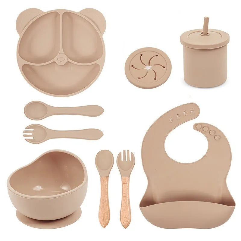 Panda Silicone children's tableware set with cat ear design cups in multiple colours on a table