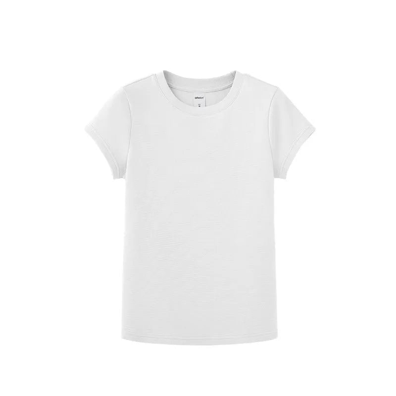 Navy slim fit stretch t-shirt shown in vest and short sleeve styles for men and women.