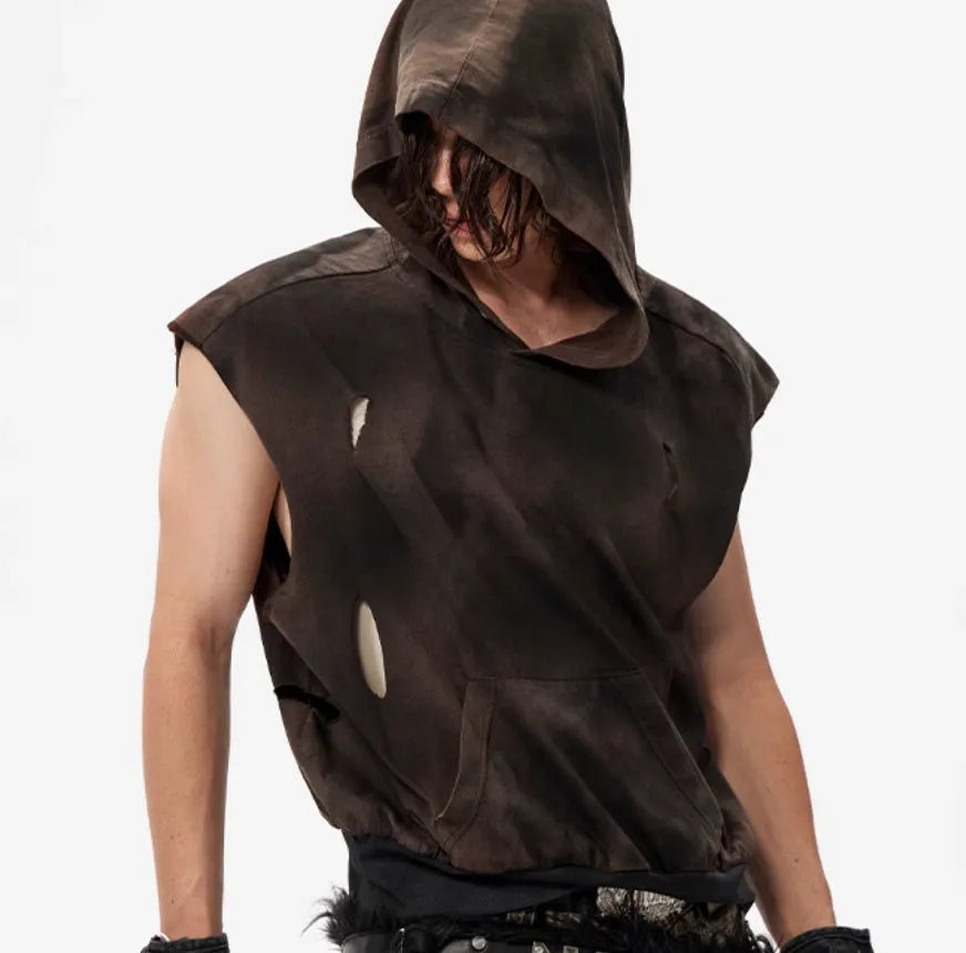 Khaki coloured sleeveless cotton hooded vest on a hanger