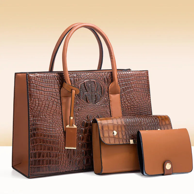 Women's three-piece PU handbag set with crocodile pattern in choice of four colours