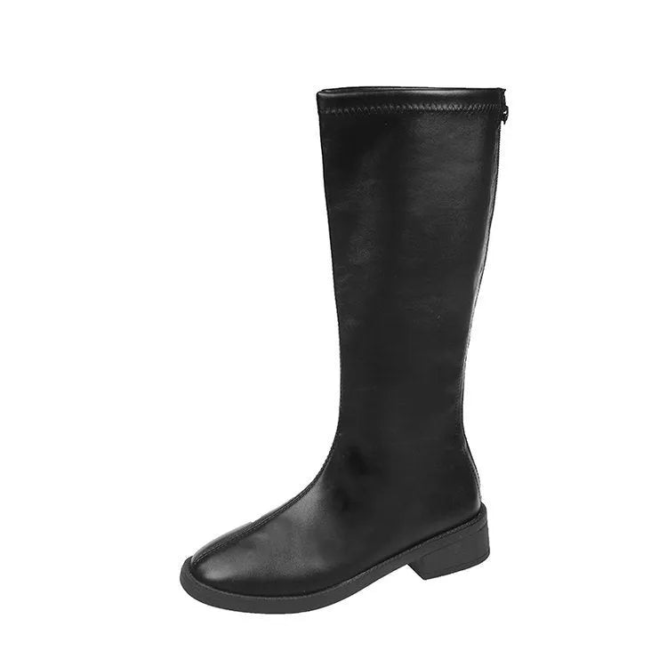 Korean style pure colour all-matching knight boots in black, high cylinder, square toe, back zipper, metal detail