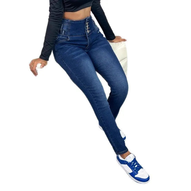 Dark blue women's straight-leg jeans with breasted design and button details.