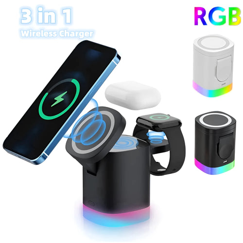 Black foldable 3-in-1 magnetic wireless charging station showing phone, watch and earbuds charging with RGB light on.