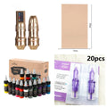 Wireless dual battery tattoo pen with practice skin, paints, and needles in multiple colours