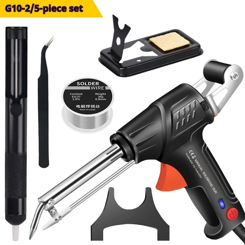 Handheld electric soldering gun with plastic handle, anti-static tweezers, and desoldering tool on a workbench
