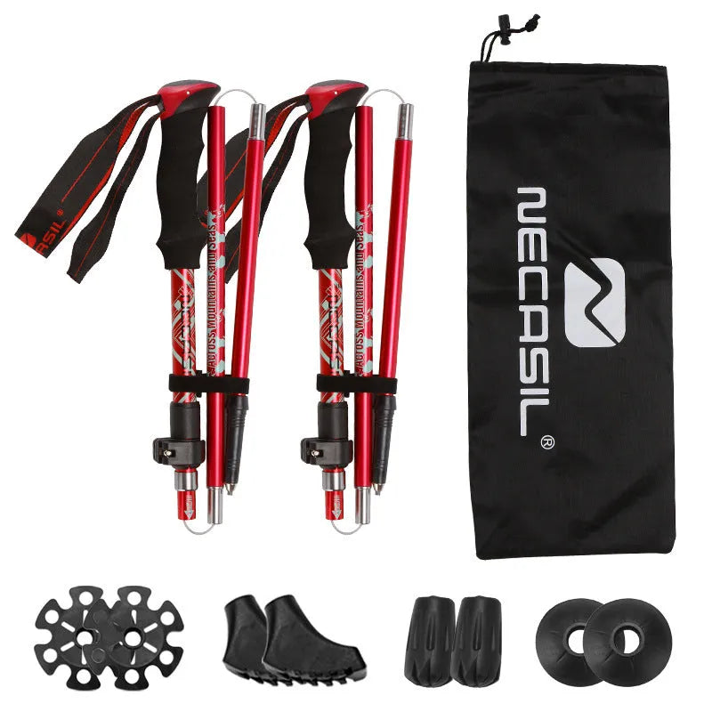 Aluminium alloy hiking cane with adjustable height, black colour, folded for storage