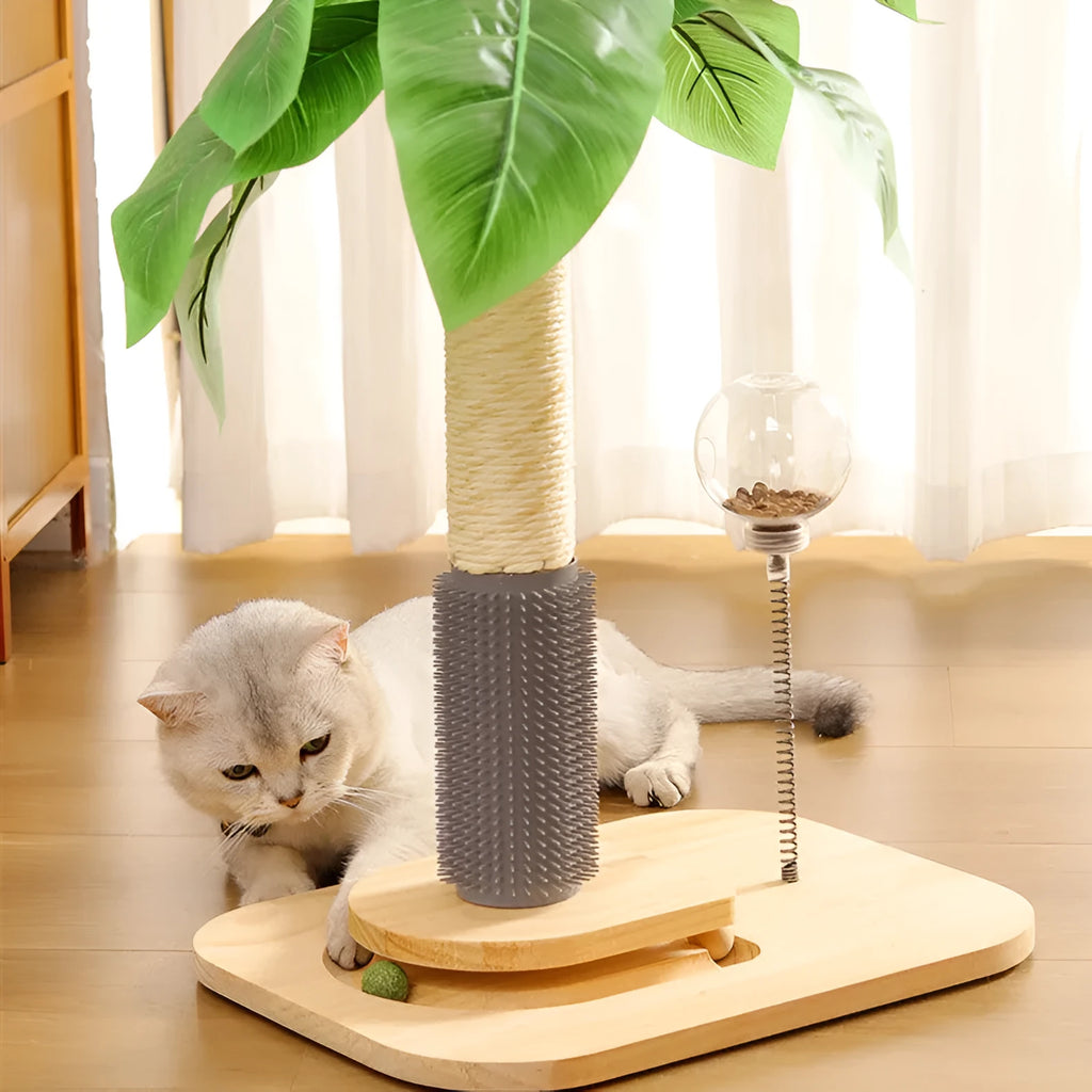 Vertical solid wood cat scratching post in a canna colour with a textured scratching surface.
